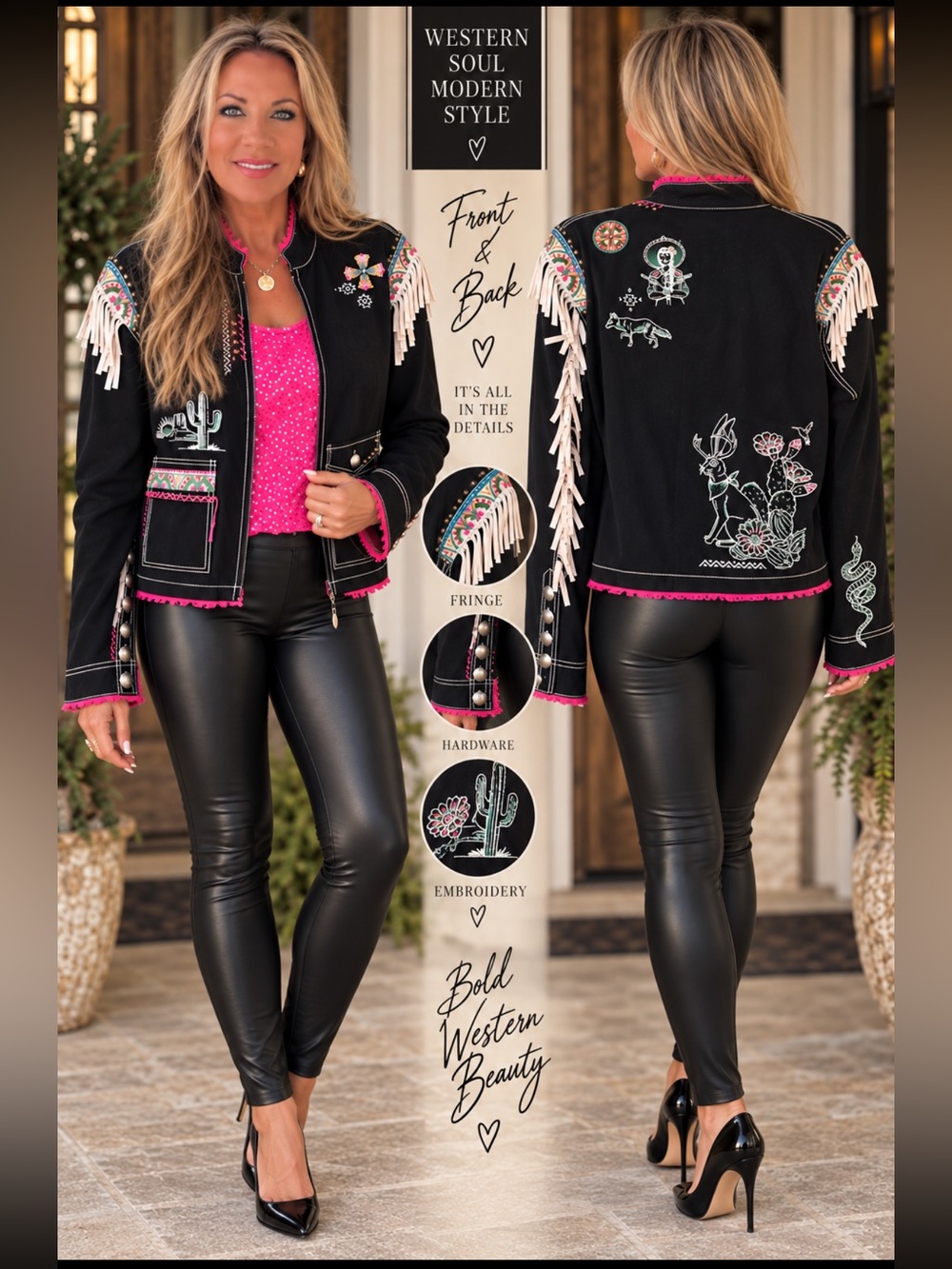 Double D Ranch Black Bomber Jacket with Pink Trim and White Fringe